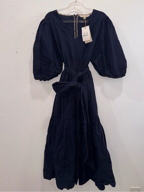 BARBOUR Annie Puff Sleeve Linen & Cotton Midi Dress in Navy Sz: 12